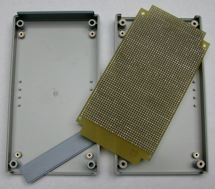 Twin Industries-B45-8000 ABS Plastic Project Box with matching plated protoboard; FR4 0.062". Box Dim = 7.7" x 4.3" x 1.4"