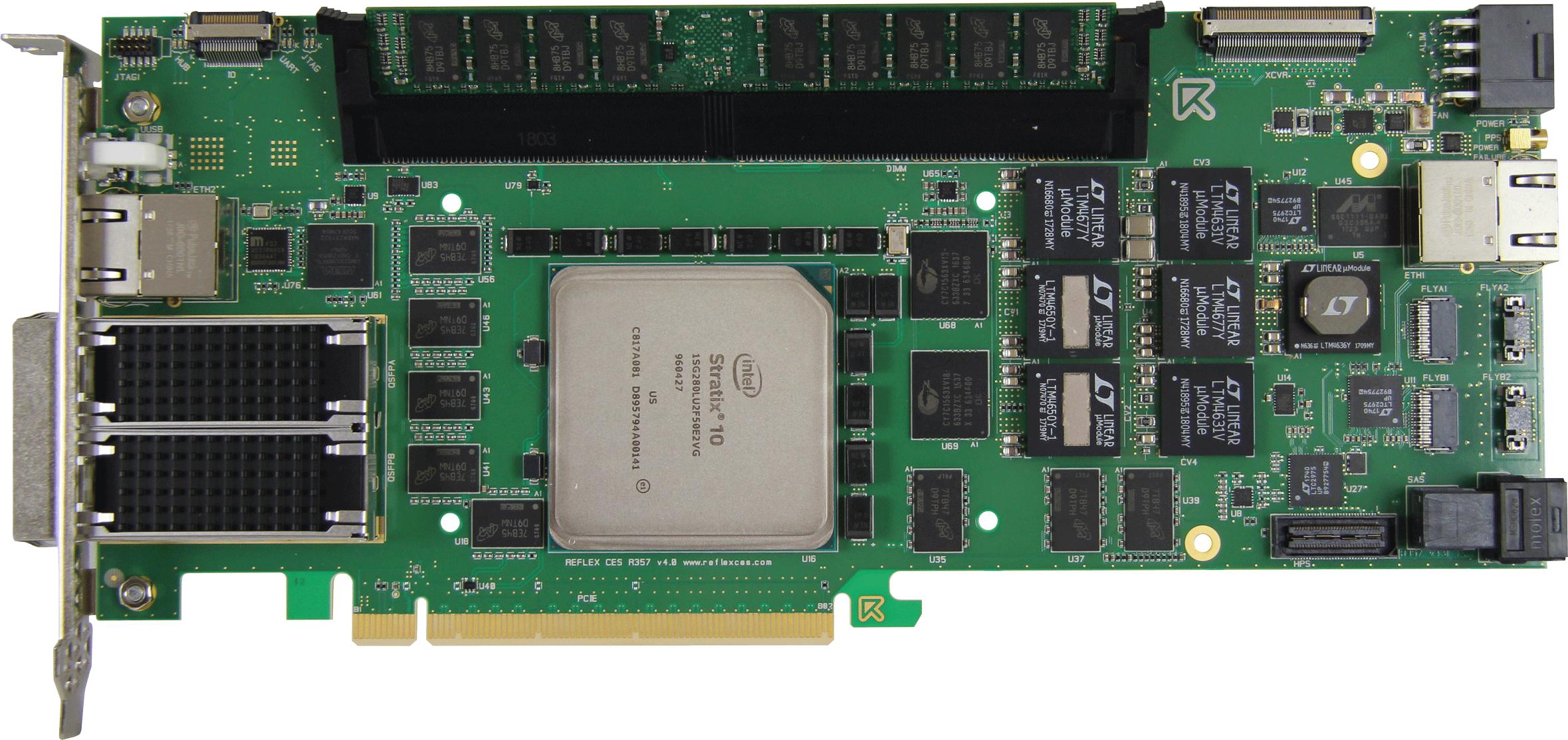 ReFLEX CES-XPRESSGXS10L-FH201GT Programmierbare-Logik-Entwicklungsplatinen und -kits XpressGX/SX S10-FH200G Stratix® 10 FPGA COTS board
FPGA Intel® Stratix® 10 FPGA «Turbo L-Tile» version, 26 Gb/s FPGA production silicon