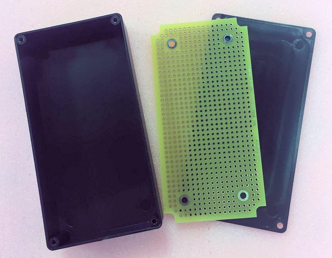 Twin Industries-B05-8000 Black ABS Plastic Project Box with matching plated protoboard; FR4 0.062". Box Dim = 4.4" x 2.2" x 0.9"