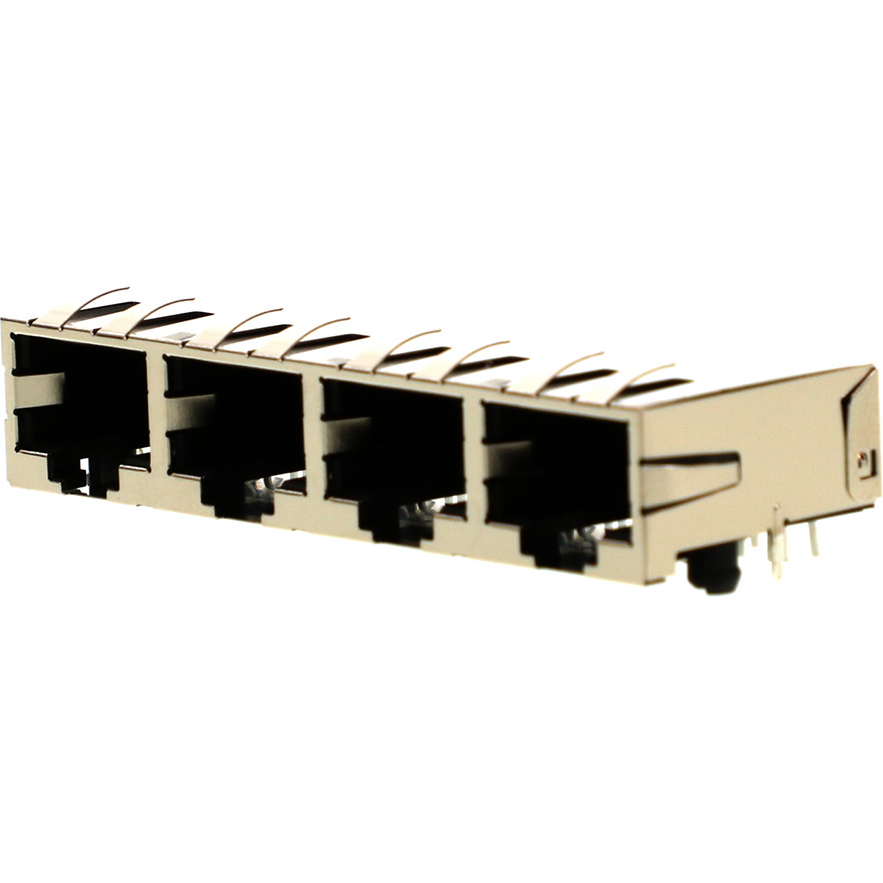 Molex-445600014 Connector Telephone and Telecom Conn Modular Jack (4)F 32 POS 1.27mm Solder RA Thru-Hole 32 Terminal 4 Port Modular Jack 8/8, RJ45 Cat 5e Tray