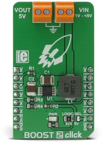 MikroElektronika-MIKROE-2894 Energiemanagement, Entwicklungsplatinen und -kits MCP1642B DC to DC Converter and Switching Regulator Chip 5V Output Click Board