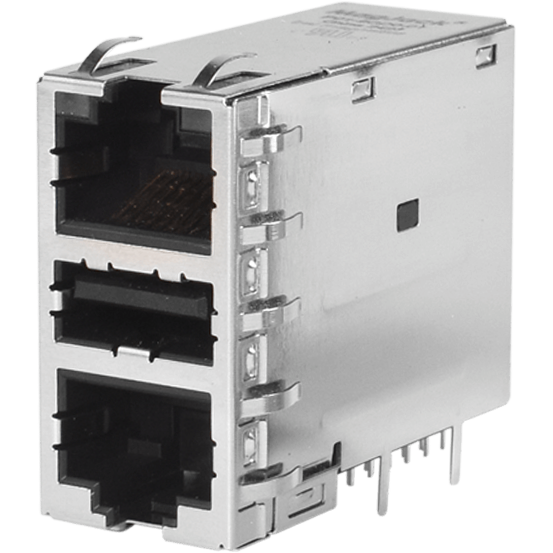 Bel Fuse-P01-9CD0-01 Steckverbinder, Schnittstelle Conn 2RJ-45/USB F/F (8/8)/4 POS 1.27mm/2mm/2.5mm Solder RA Thru-Hole 28 Terminal 2/1 Port