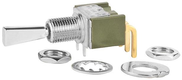 NKK Switches-M2018ES1G30 Switch Toggle Switch Toggle (ON) OFF (ON) SPDT Small Flat Lever PC Pins 0.1A 28VAC 28VDC 0.4VA PC Mount with Bracket and Threads