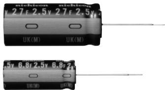 Nichicon-JUK0E685MHD Elektrische Doppelschichtkondensatoren – Superkondensatoren Cap Supercap 6.8F 2.5V 20% (12.5 X 31.5mm) Radial Aluminum Cylindrical Can 5mm 3400uA 0.075 Ohm 1000h 70°C Bulk Automotive AEC-Q200