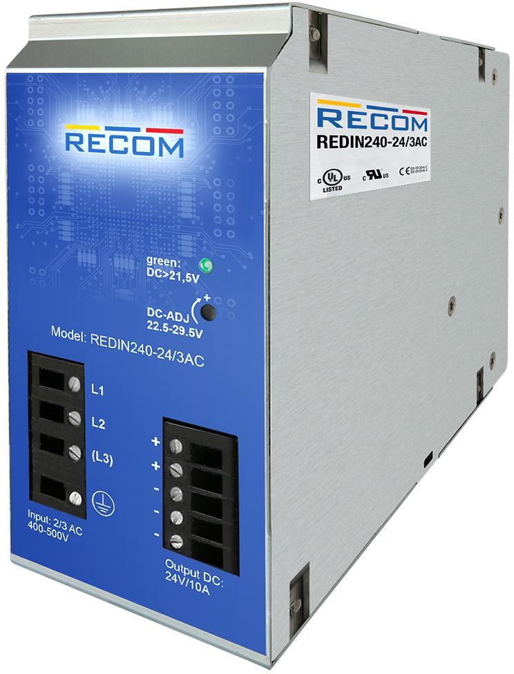 RECOM Power-REDIN240-24/3AC Suministro de energía de AC a CC AC/DC Power Supply Single-OUT 24V 10A 240W 9-Pin Box