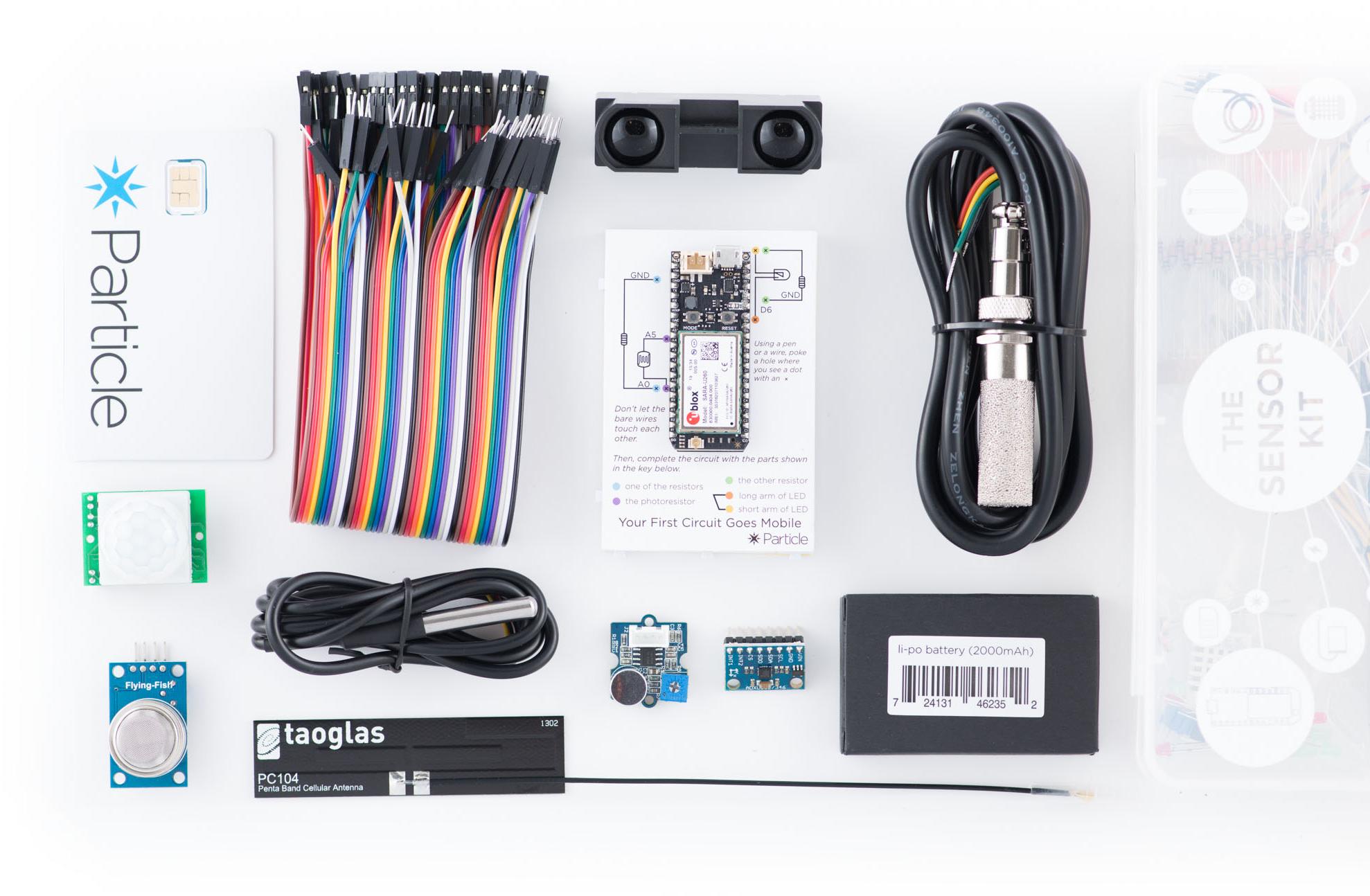 Particle Inc-SNSRKIT3G270 Placas y kits de desarrollo del sensor ADXL362/GP2Y0A710K0F/MQ2/HC-SR501/DS18B20 Accelerometer/Gas/IR/Motion/Temperature and Humidity Sensor Evaluation Kit