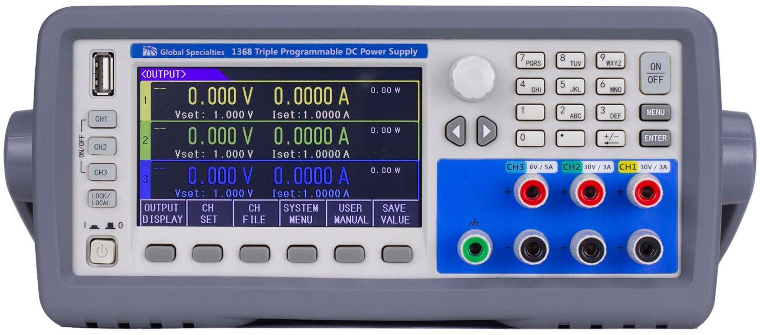 Global Specialties-1368 Werkstattnetzteile Bench Power Supply 0V to 30V/0V to 30V/0V to 6V Triple-OUT 0A to 3A/0A to 3A/0A to 5A 210W