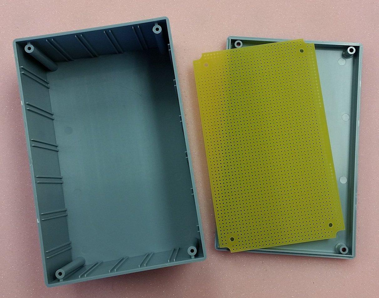 Twin Industries-G30-7100 Gray ABS Plastic Project Box with matching non-plated protoboard; FR4 0.062". Box Dim = 6.7" x 4.3" x 3.1"
