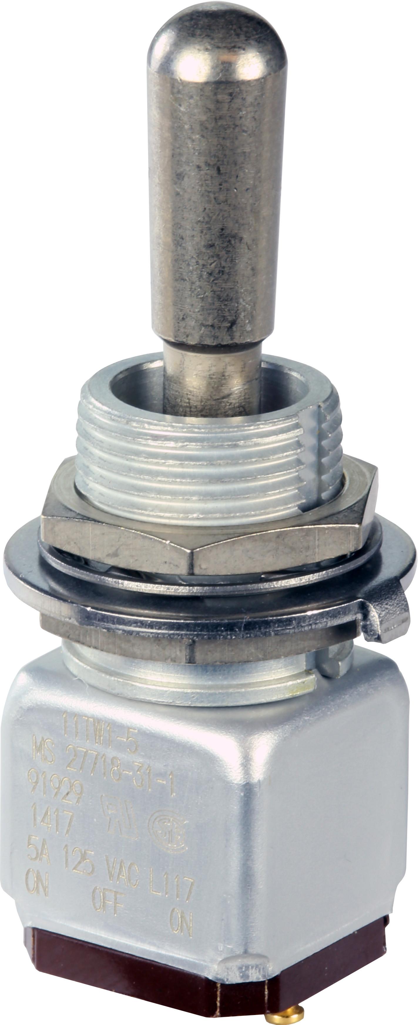 Honeywell-11TW1-5 Switch Toggle Switch Toggle (ON) OFF ON SPDT Round Lever Solder 5A 125VAC 30VDC Panel Mount with Threads