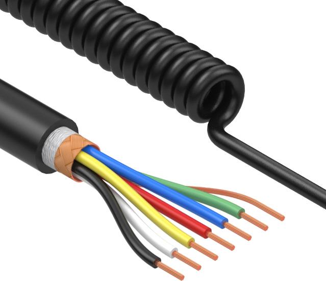 Tensility International-31-00087 Cavo a più conduttori Coiled Cable Braid Thermoplastic Elastomer 6Conductors 28AWG 4.7mm 300V Black Thermoplastic Polyurethane 1.115m