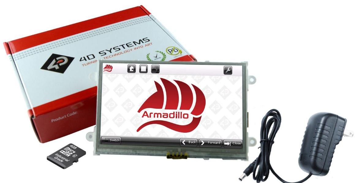 4D Systems-SK-ARMADILLO-43T-2 Entwicklungssätze und Werkzeuge Starter Kit with Armadillo-43 and 4GB microSD Card + Power Supply