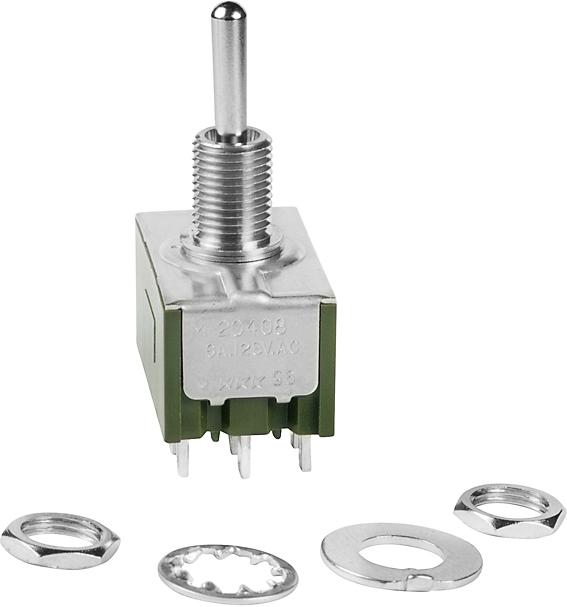 NKK Switches-M2046SS1W01 Switch Toggle Switch Toggle (ON) ON (ON) DP3T Small Bat Lever Solder Lug 6A 250VAC 30VDC Panel Mount with Threads