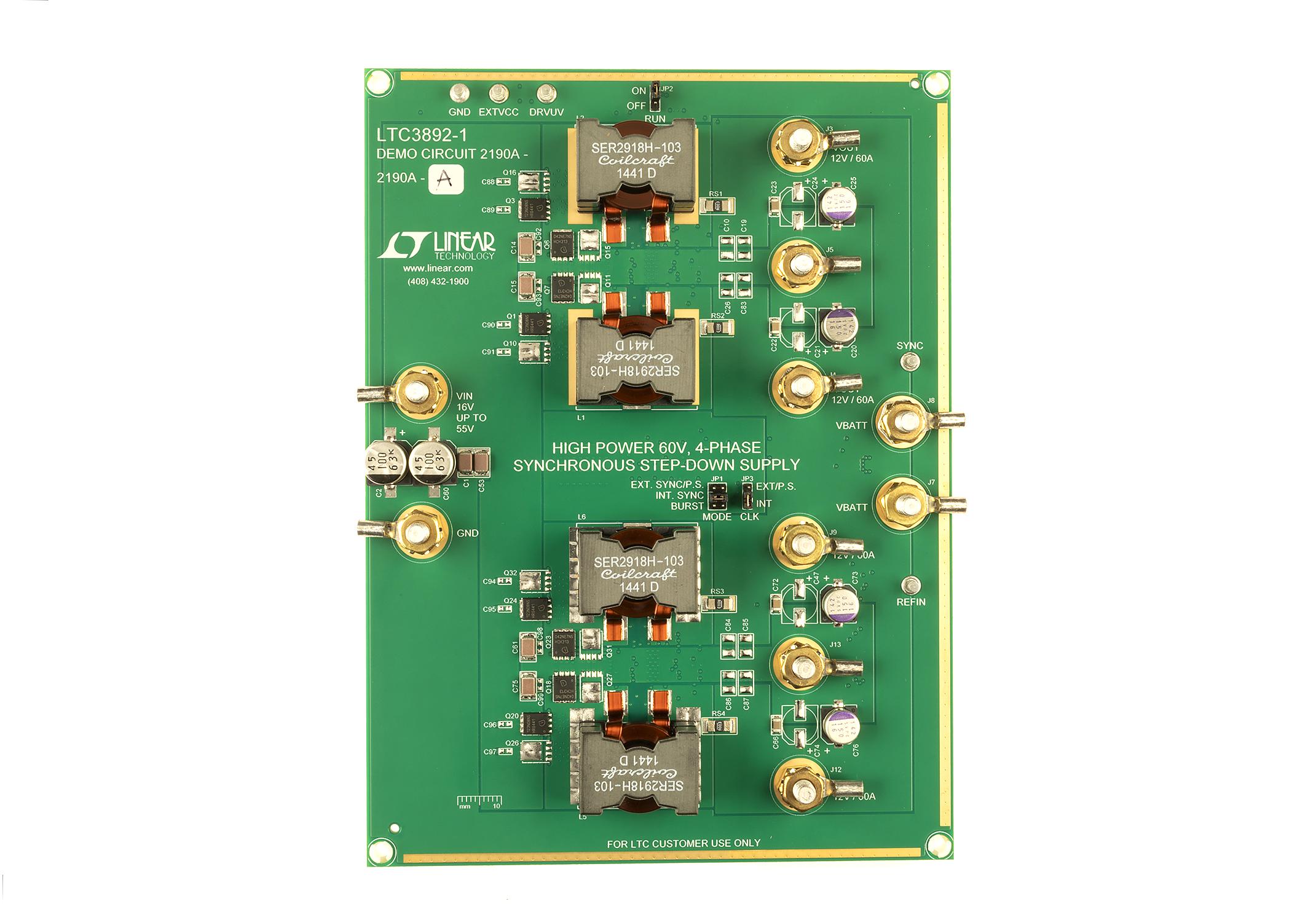 Analog Devices-DC2190A-A Power Management Development Boards and Kits LTC3892EFE-1 Demo Board, LTC3892-1(×2) 4-Phase Buck Controller, 16V ≤ VIN ≤ 55V; VOUT = 12V @ 60A