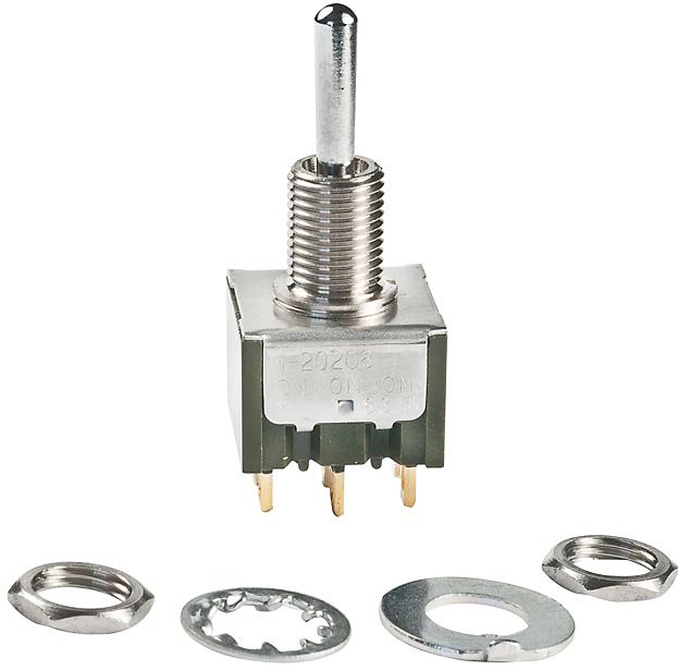 NKK Switches-M2026SS1G01 Switch Toggle Switch Toggle (ON) ON (ON) SP3T Small Bat Lever Solder Lug 0.4A 28VAC 28VDC 0.4VA Panel Mount with Threads