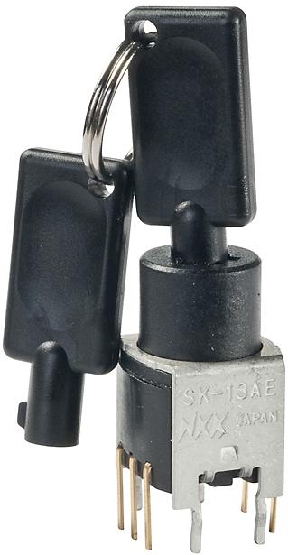 NKK Switches-SK13AEG13 Schlüsselschalter Switch Key Lock ON ON ON SP3T 45° Tubular Key 0.1A 28VAC 28VDC 0.4VA PC Pins 30000Cycles Bracket Mount/Through Hole
