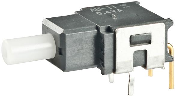 NKK Switches-AB11AH Botón pulsador Switch Push Button OFF (ON) SPDT Round Plunger 0.1A 28VAC 28VDC 0.4VA Momentary Bracket Mount/Through Hole PC Pins