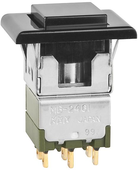 NKK Switches-MB2461JG01-A-1A Botón pulsador Switch Push Button ON (ON) DPDT Square Button 0.1A 28VAC 28VDC 0.4VA Momentary Panel Mount Solder Lug