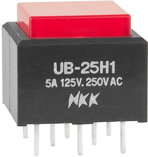 NKK Switches-UB25SKW035C-CB Botón pulsador Switch Push Button ON (ON) DPDT Square Button 5A 250VAC 30VDC Momentary Thru-Hole PC Pins
