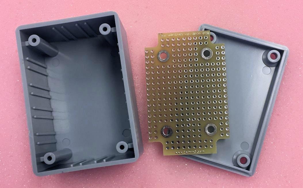 Twin Industries-G10-8000 Gray ABS Plastic Project Box with matching plated protoboard; FR4 0.062". Box Dim = 2.6" x 1.8" x 1.4"