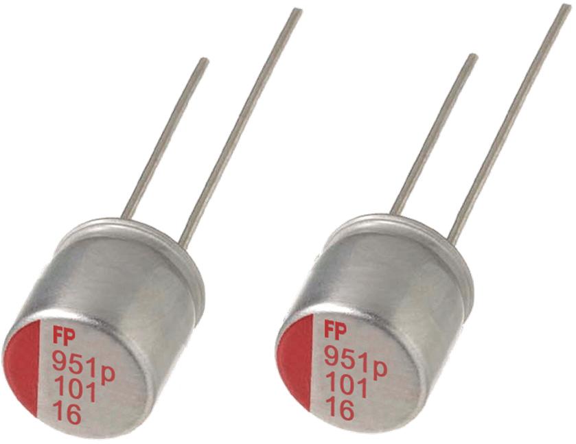 Nichicon-RS61C101MDS1JT Condensatore in alluminio polimerico Cap Aluminum Polymer 100uF 16VDC 20%( 6.3 X 6mm) Radial 2.5mm 0.024 Ohm 2.49A 2000h 105°C T/R