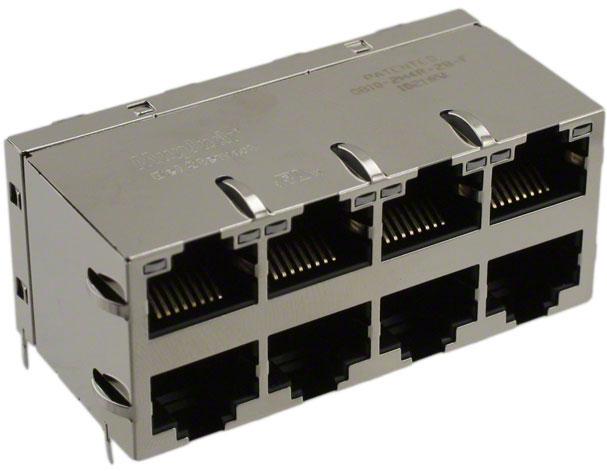 Bel Fuse-0810-2H4R-28-F Steckverbinder, Telefon und Telekommunikation Conn RJ-45 F 64 POS 2.54mm Solder RA Thru-Hole 88 Terminal 8 Port Tray
