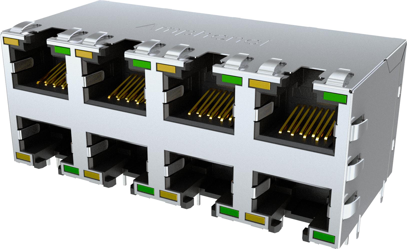 Amphenol-RJE1R888225401 Steckverbinder, Telefon und Telekommunikation Conn RJ-45 F 64 POS 1.27mm Solder RA Thru-Hole 96 Terminal 8 Port Cat 5e Tray