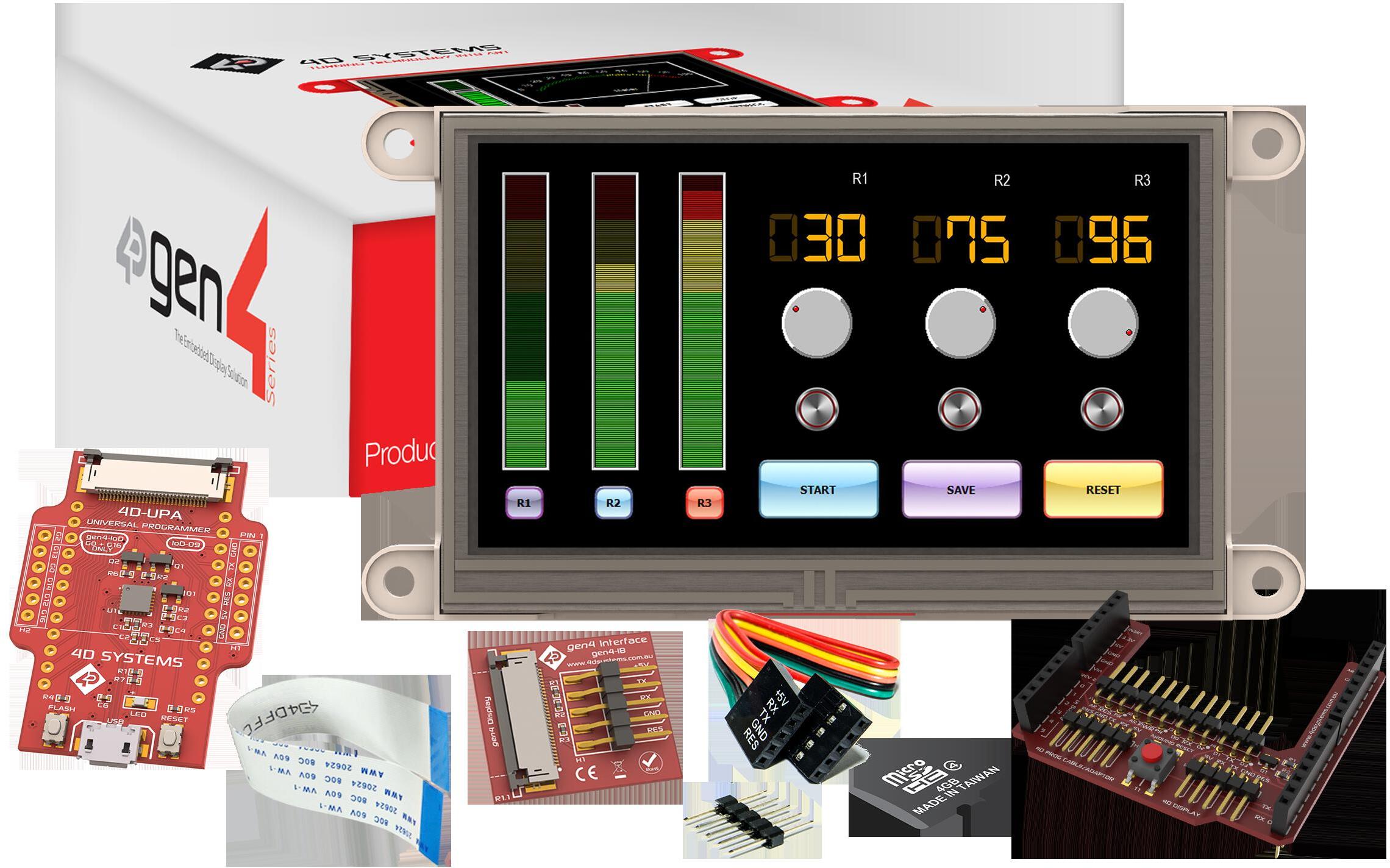 4D Systems-SK-GEN4-43DT-AR Entwicklungssätze und Werkzeuge Starter Kit for gen4-uLCD-43DT-AR with 4D Arduino Adaptor Shield-II, 4D-UPA , 4GB Industrial microSD Card, 150 mm FFC Cable, 5-way female-to-female ribbon cable with male-to-male adaptor