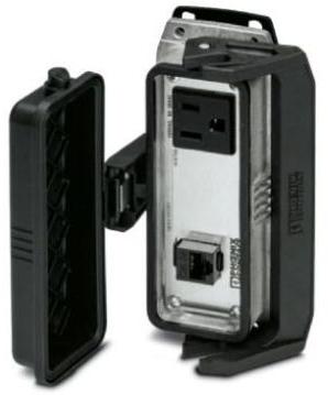 PHOENIX CONTACT-1415758 Schrumpfbalgenadapter HEAVY PORT B24 panel mounting base, with single locking latch, with plastic protective cover, with stainless steel front plate connections, 1x RJ45 CAT5e (female/female) 1x 120 V AC outlet
