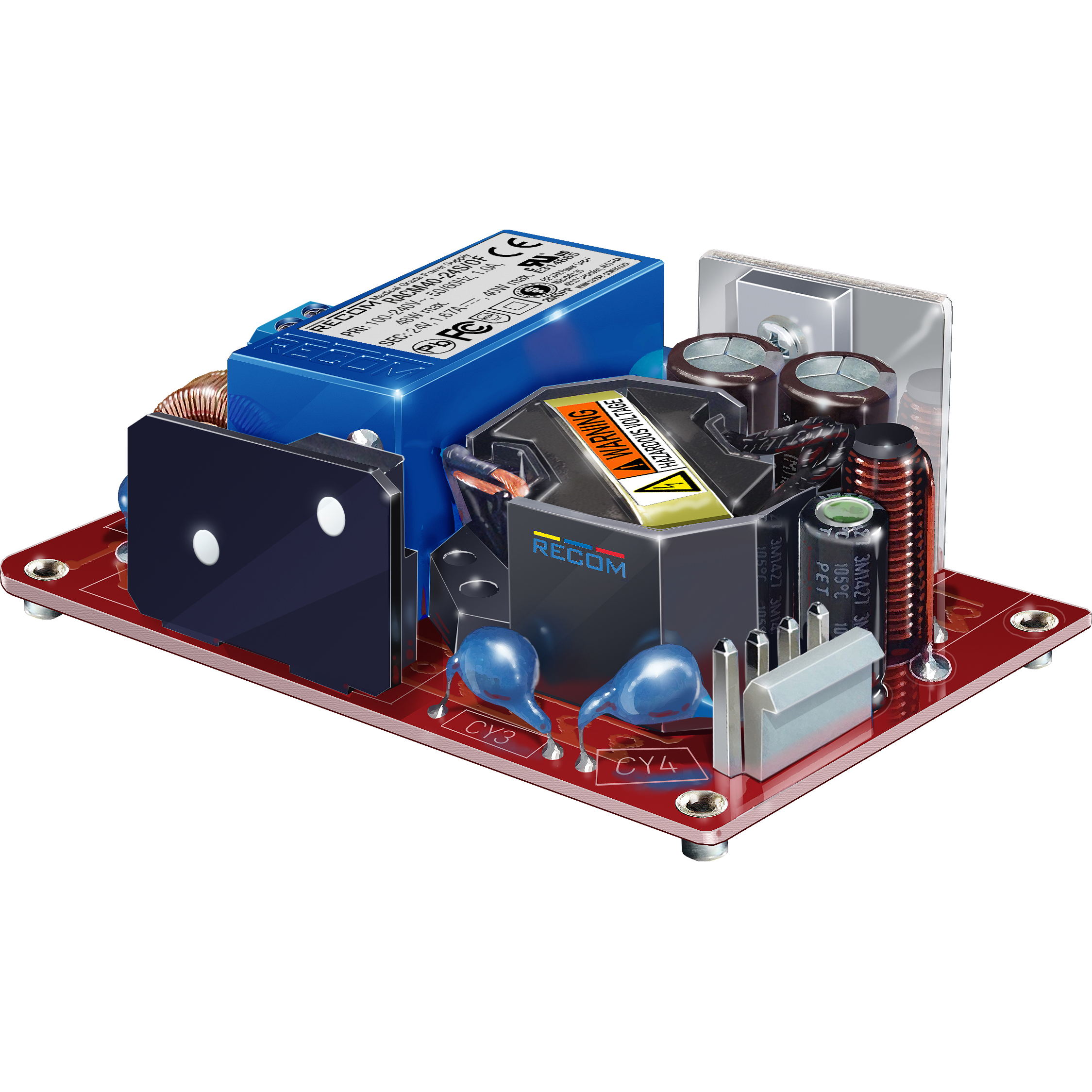 RECOM Power-RACM40-24S/OF 交流至直流电源供应器 AC/DC Power Supply Single-OUT 24V 1.67A 40W 6-Pin Box