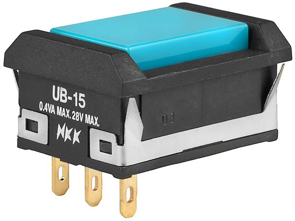 NKK Switches-UB15NBKG01N-G Botón pulsador Switch Push Button ON (ON) SPDT Rectangular Button 0.1A 28VAC 28VDC 0.4VA Momentary Panel Mount Solder Lug