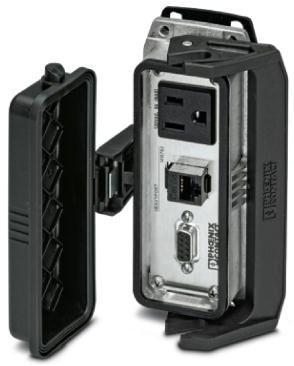PHOENIX CONTACT-1415763 Schrumpfbalgenadapter HEAVY PORT B24 panel mounting base, with single locking latch, with plastic protective cover, with stainless steel front plate connections, 1, D-SUB 9 (female/male) 1x RJ45 CAT5e (female/female), 1x 120 V AC outlet