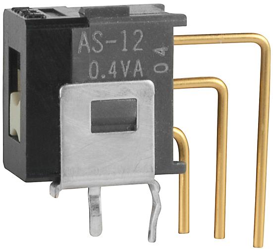 NKK Switches-AS12BV Interruttore a slitta Switch Slide ON None ON SPDT Flush Slide 0.1A 28VAC 28VDC 0.4VA 50000Cycles PC Pins Bracket Mount/Through Hole