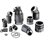 PMAFIX Pro 45 degree black two-piece elbow with metric threads. Elbow material - polyamide 6, thread material - nickel-plated brass. Thread size - M16 x 1.5, thread length - 10, conduit size NW - 10, for Cable Protection Systems