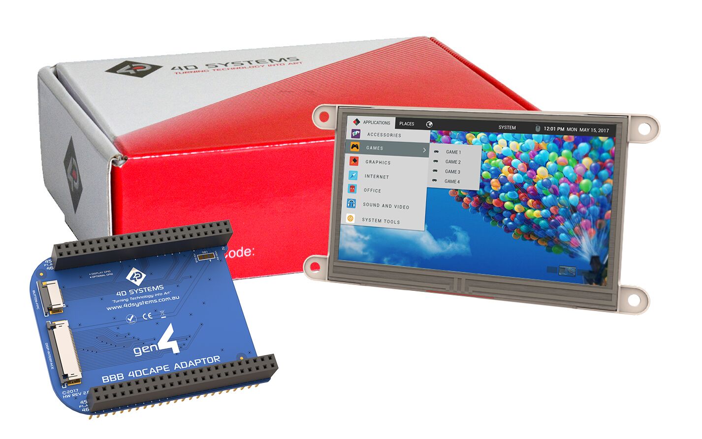 4D Systems-GEN4-4DCAPE-43T TFT-Module 4.3", 480x272 pixel, LCD Cape for BeagleBone Black with Resistive Touch Screen and gen4-4DCAPE-ADAPTOR