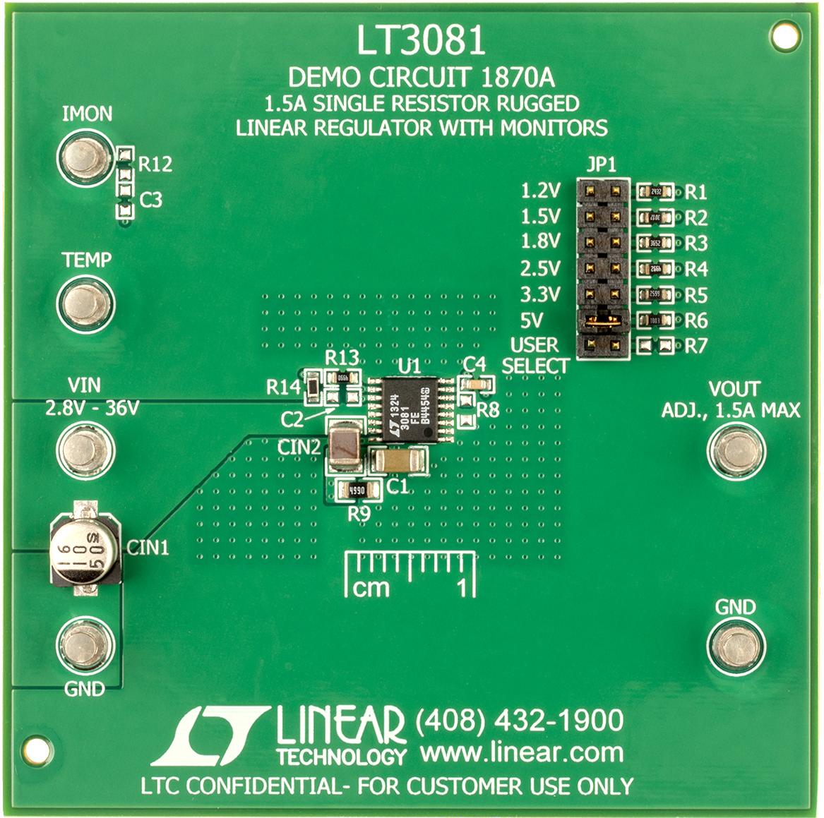 Analog Devices-DC1870A Energiemanagement, Entwicklungsplatinen und -kits LT3081EFE Demo Board, Single Resistor Rugged Linear Regulator with Monitors, 2.8V ≤ VIN ≤ 36V, VOUT = 1.2V/1.5V/1.8V/2.5V/3.3V/5V/12V @ 1.5A