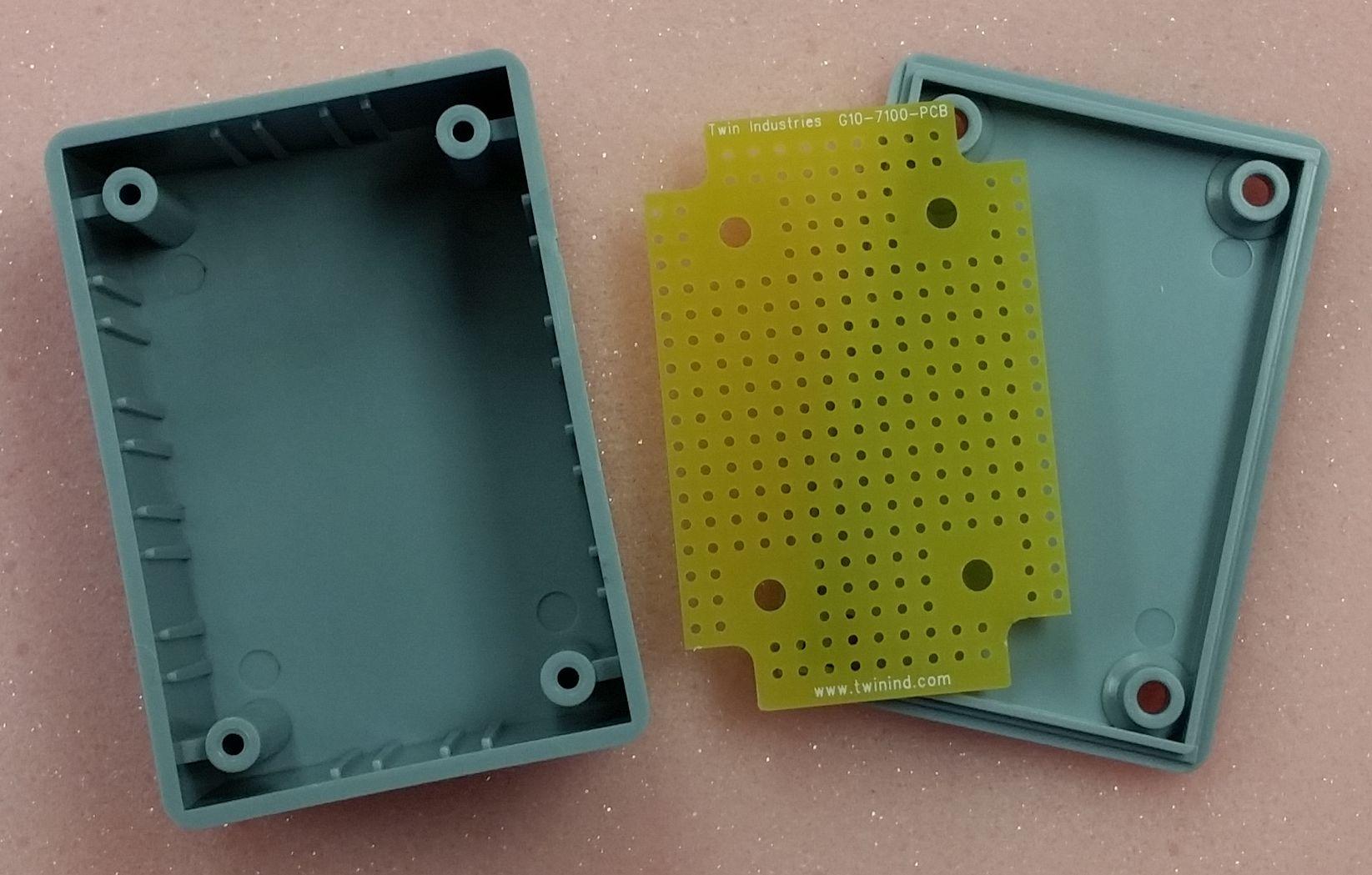 Twin Industries-G10-7100 Gray ABS Plastic Project Box with matching non-plated protoboard; FR4 0.062". Box Dim = 2.6" x 1.8" x 1.4"