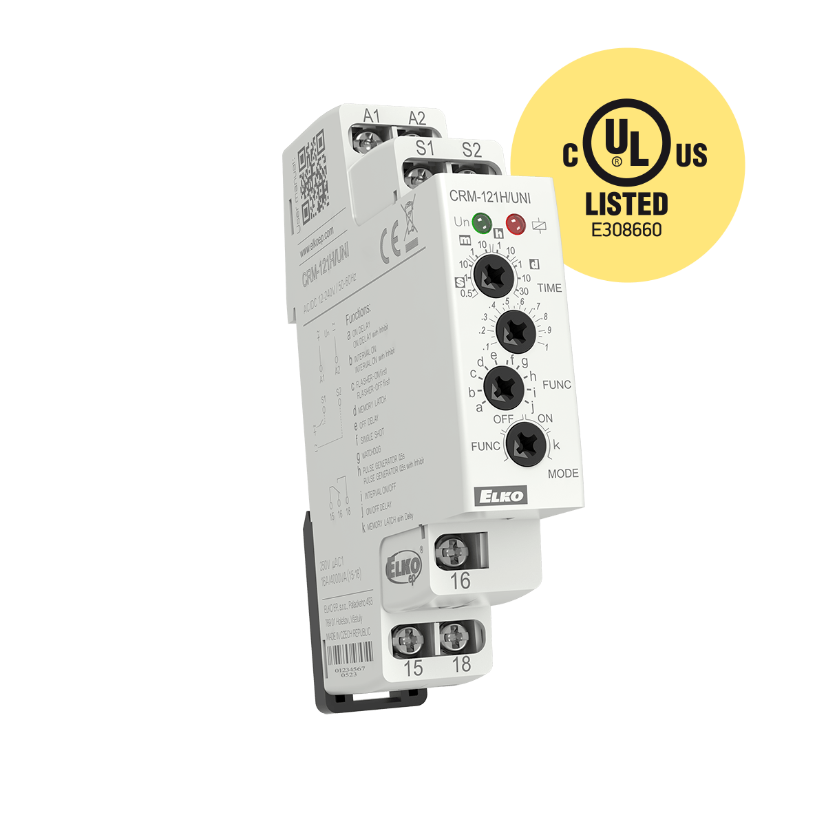 ELKO EP North America-CRM-121H/UNI Zeitrelais Time Delay Relay 12 to 240VDC 12 to 240VAC 16A SPDT(17.6x64x90)mm DIN Rail