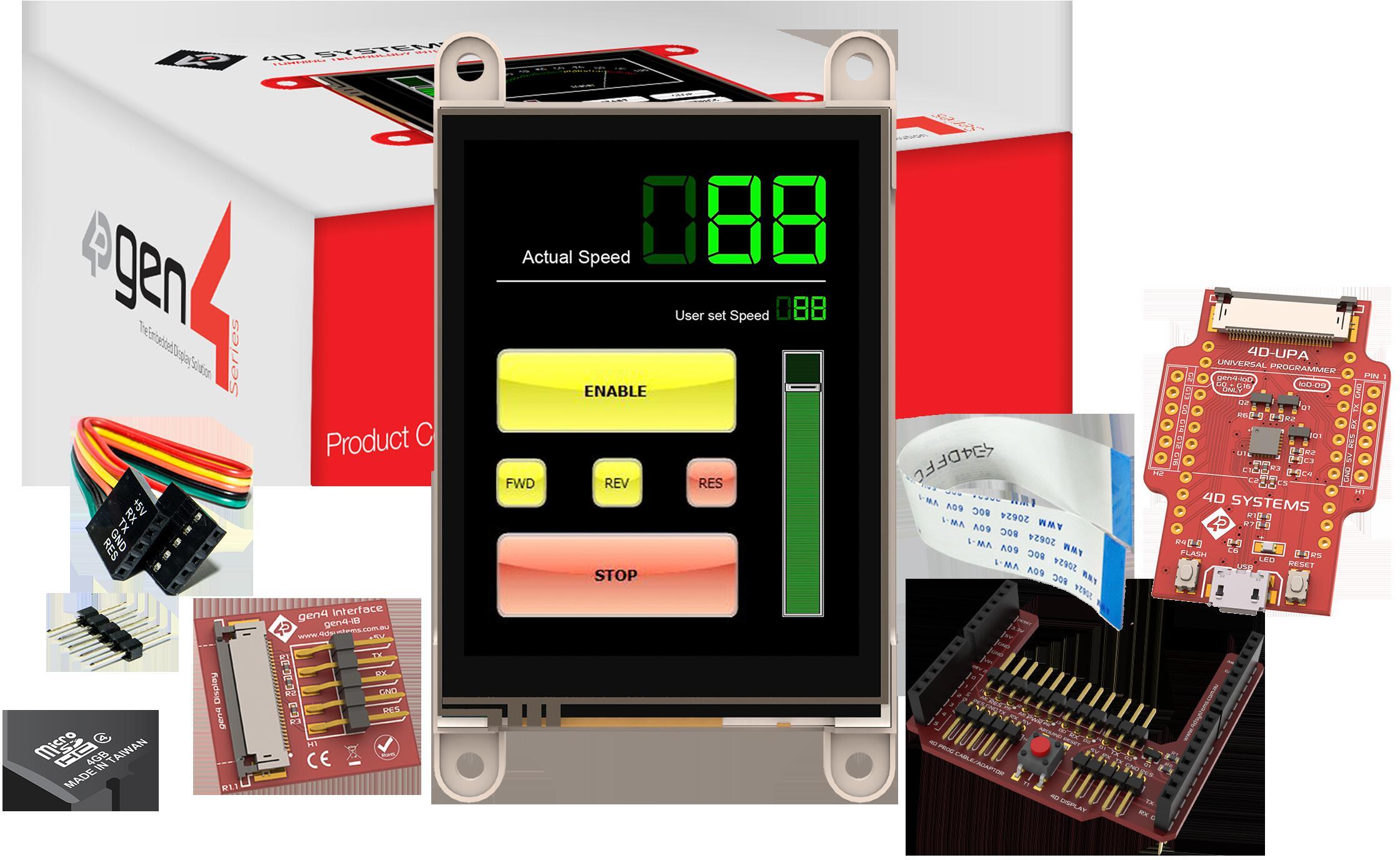 4D Systems-SK-GEN4-28DT-AR Entwicklungssätze und Werkzeuge Starter Kit for gen4-uLCD-28DT-AR with 4D Arduino Adaptor Shield-II, 4D-UPA, 4GB Industrial microSD Card, 150 mm FFC Cable, 5-way female-to-female ribbon cable with male-to-male adaptor