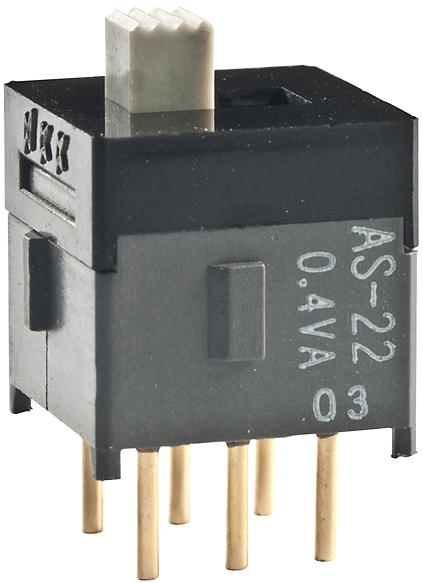 NKK Switches-AS22AP Switch Slide Switch Slide ON None ON DPDT Top Slide 0.1A 28VAC 28VDC 0.4VA 50000Cycles PC Pins Thru-Hole