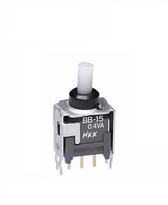 NKK Switches-BB15AB Botón pulsador Switch Push Button ON (ON) SPDT Round Plunger 0.1A 28VAC 28VDC 0.4VA Momentary Bracket Mount/Through Hole PC Pins