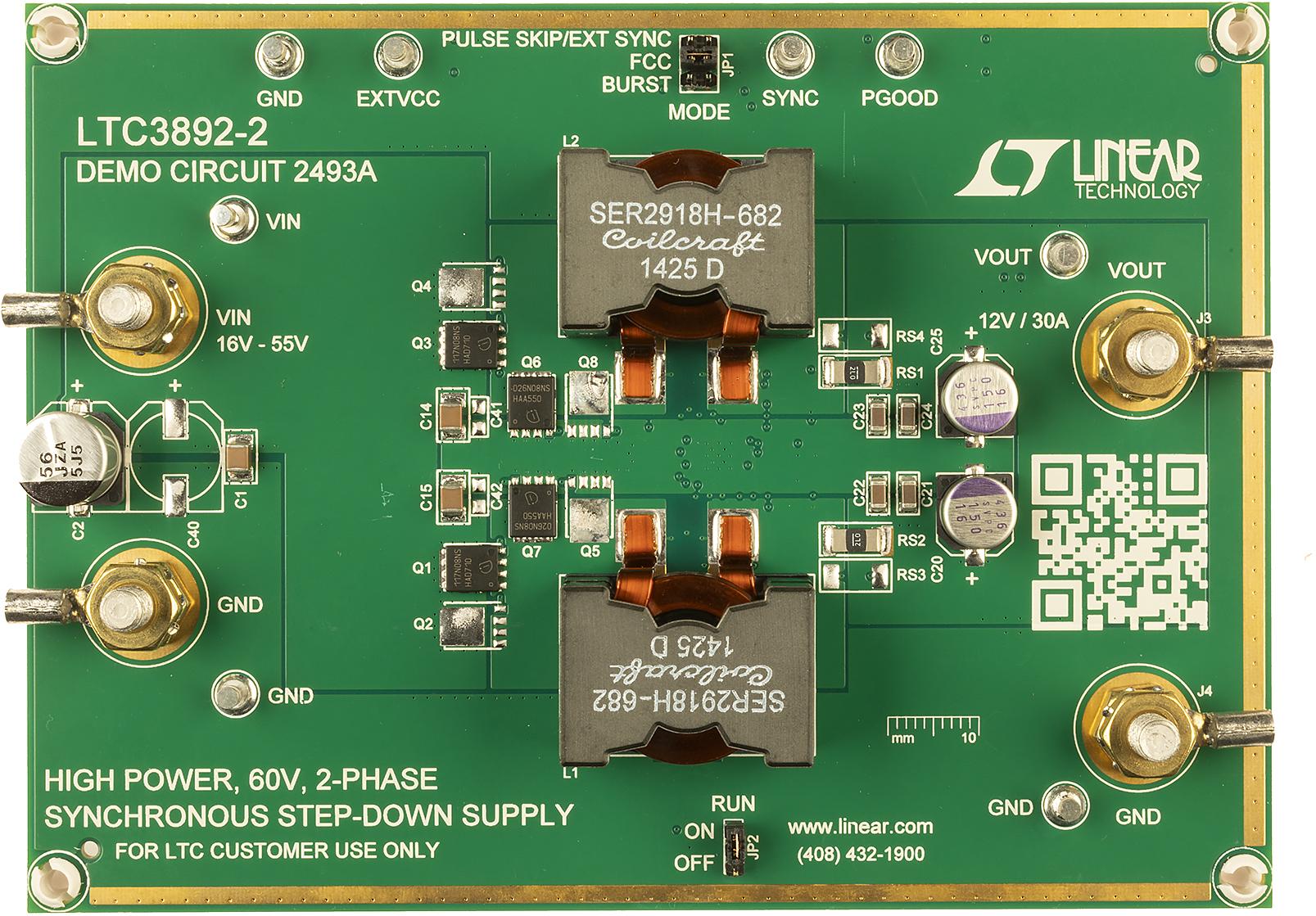 Analog Devices-DC2493A Power Management Development Boards and Kits LTC3892EUH-2 Demo Board, 2-Phase Synchronous Buck Controller, 16V ≤ VIN ≤ 55V; VOUT = 12V @ 30A