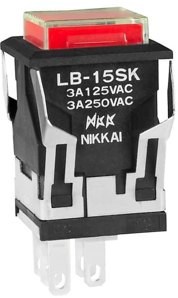 NKK Switches-LB15SKW01-5C05-JC Botón pulsador Switch Push Button ON (ON) SPDT Square Button 3A 250VAC 30VDC Momentary Panel Mount Quick Connect/Solder Lug