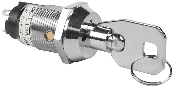 NKK Switches-CKL12ATW01-001 Switch KeyLock Switch Key Lock ON None ON SPDT 90° Tubular Key 3A 250VAC Solder Lug 30000Cycles Panel Mount