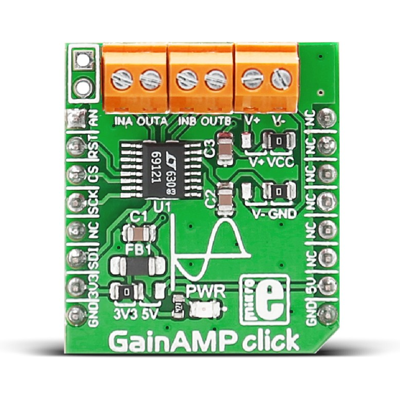 MikroElektronika-MIKROE-2555 Integrierte Verstärkerschaltung, Entwicklungsplatinen und -kits LTC6912 Special Purpose Amplifier Click Board