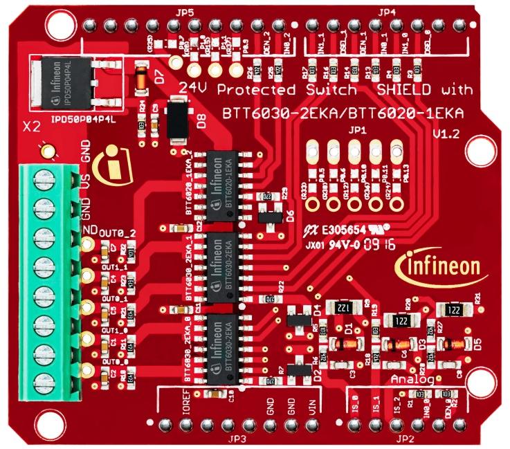 Infineon Technologies AG-24VSHIELDBTT6030TOBO1 电源管理开发电路板和套件 24V Protected Switch Shield with BTT6030-2EKA and BTT6020-1EKA Board/Kit