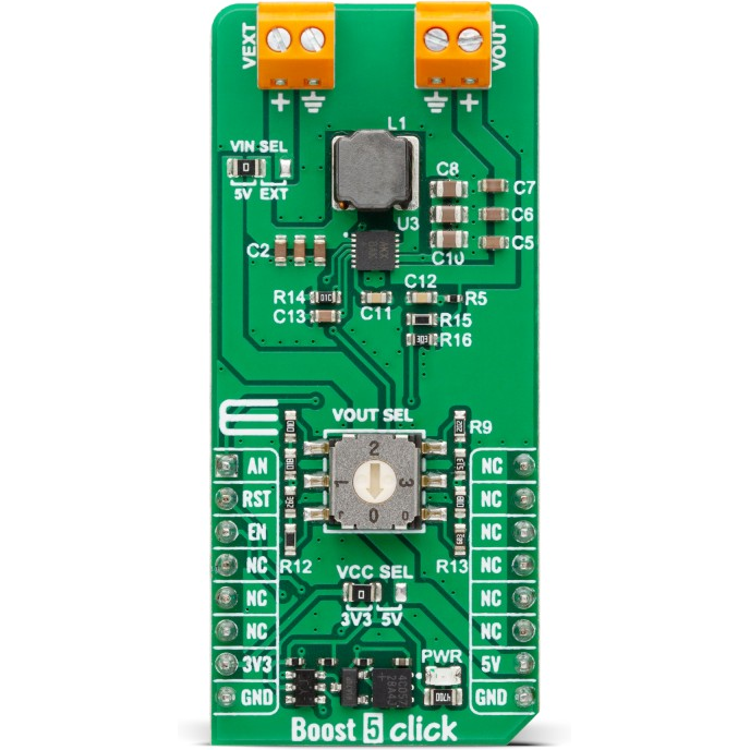 MikroElektronika-MIKROE-6549 Energiemanagement, Entwicklungsplatinen und -kits MAX17250 DC to DC Converter and Switching Regulator Chip 8V to 14V Output Click Board
