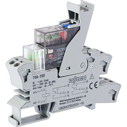 WAGO-788-390 继电器其他 Relay Module, Nominal input voltage 24 VDC, 2 changeover Contacts, Limiting continuous current 8 A, Path, Red indicator, Module width 15 mm