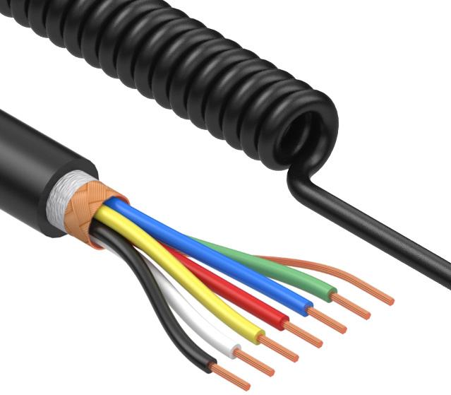 Tensility International-31-00076 Cable Multi-Conductor Coiled Cable Braid Thermoplastic Elastomer 6Conductors 20AWG 6.6mm 300V Black Thermoplastic Polyurethane 2.23m