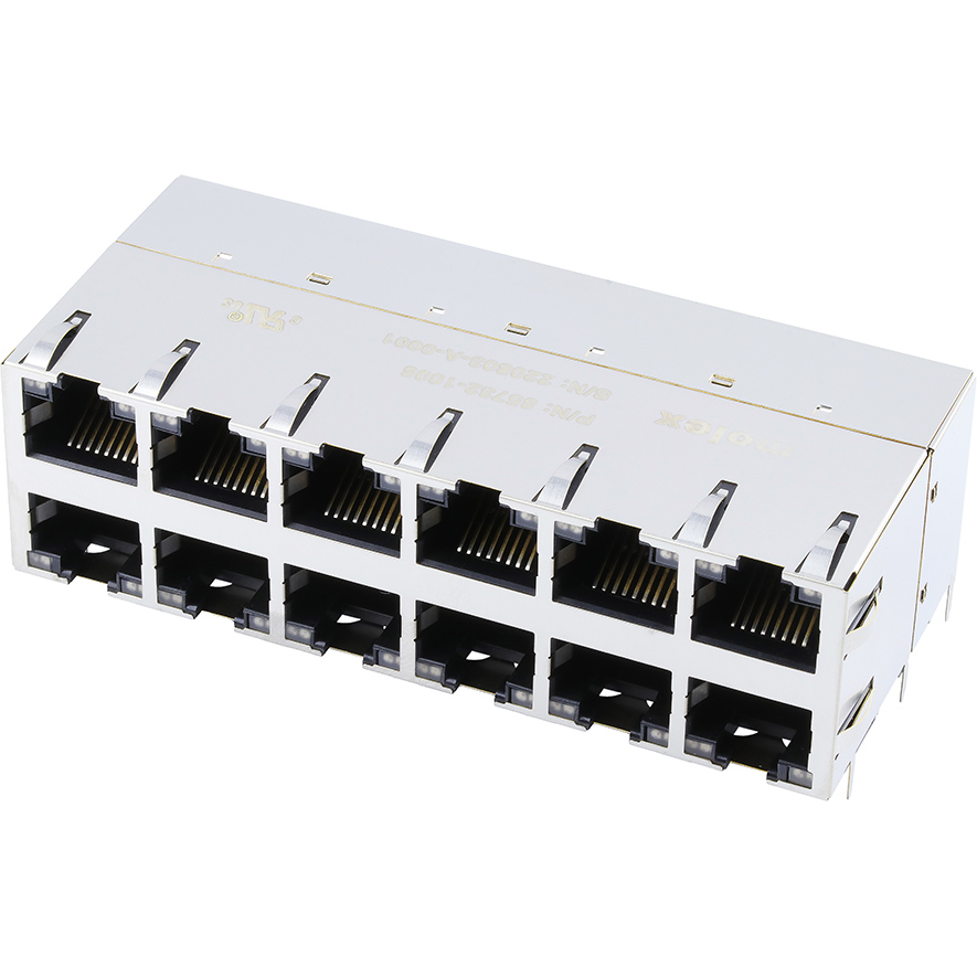 Molex-85732-1008 Telecomunicaciones y teléfono del conector Conn Modular Jack F 96 POS Solder RA Thru-Hole 156 Terminal 12 Port Cat 5/Cat 5e Tray