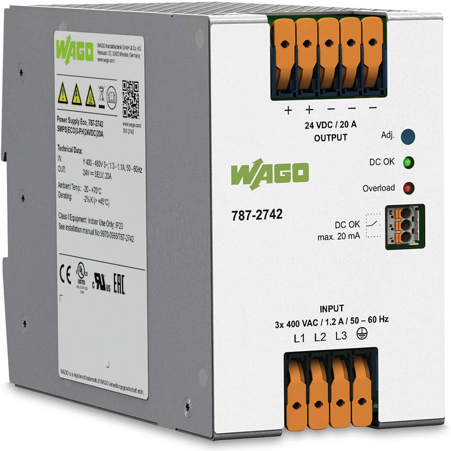 WAGO-787-2742 AC-DC-Spannungsversorgung AC/DC Power Supply Single-OUT 24V 20A 480W Box
